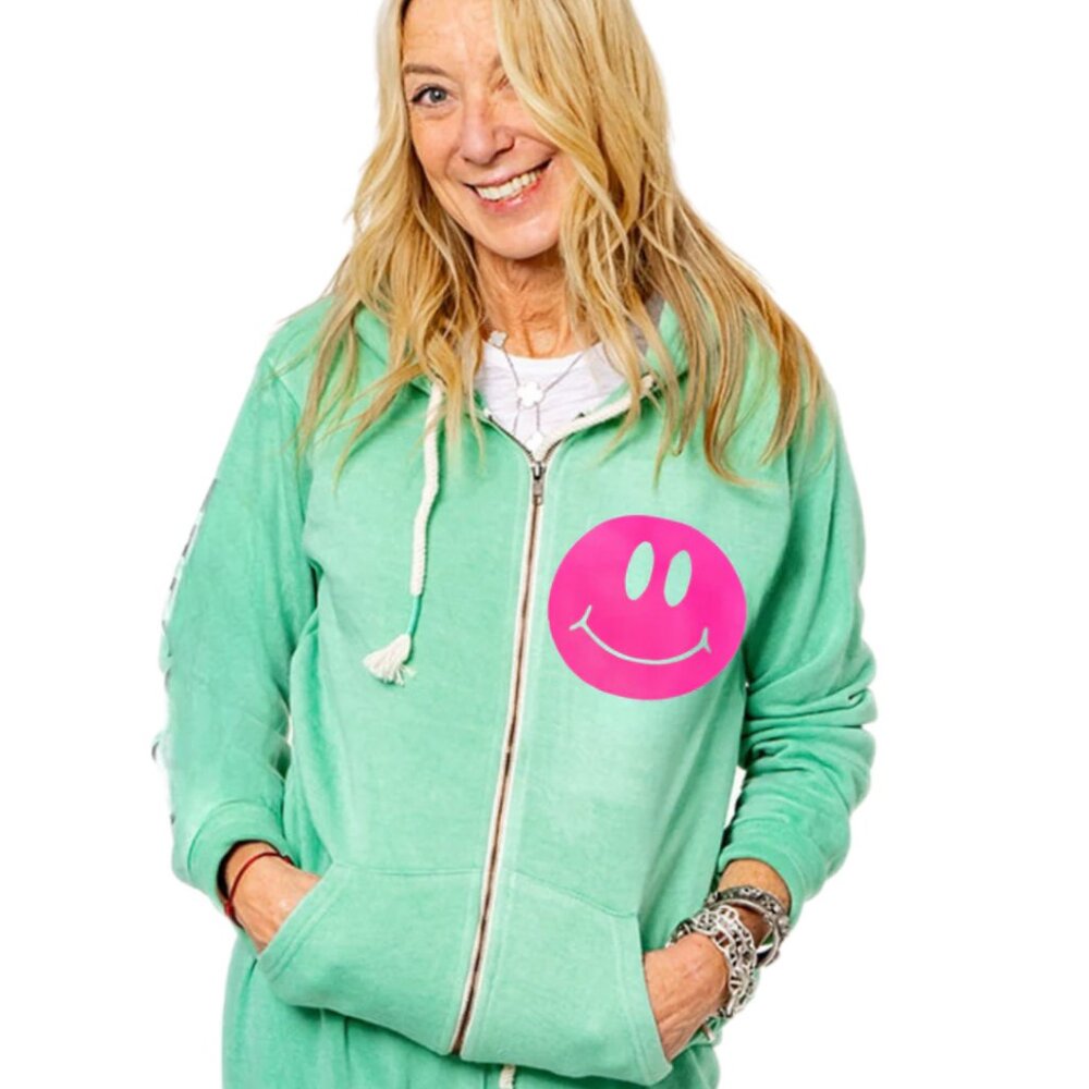 Neon Pink Smile Green Zip Up Sweatshirt